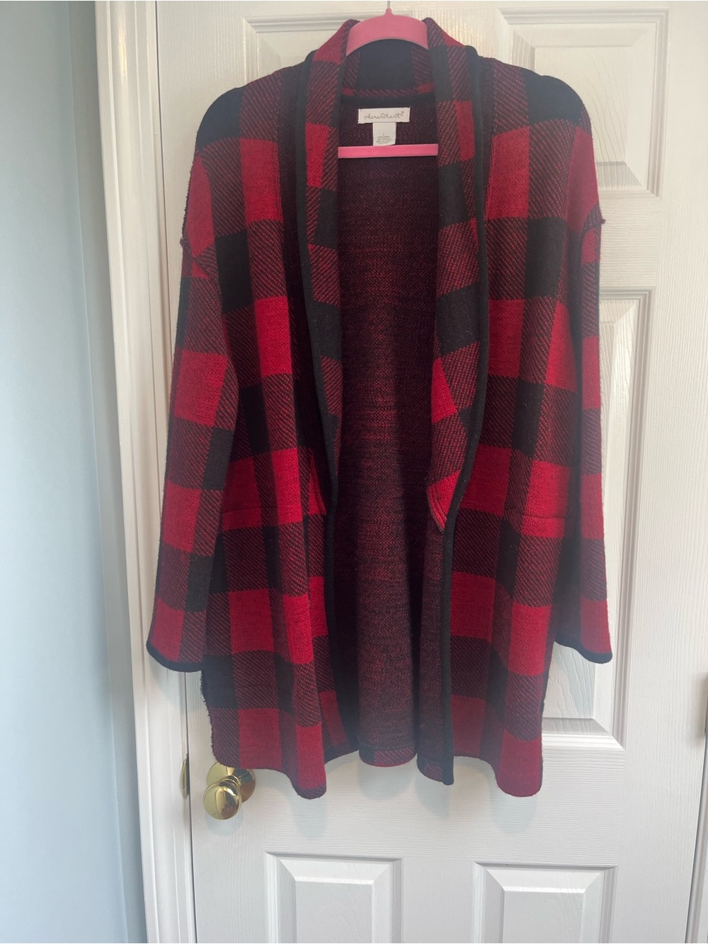 KEREN hart Red and Black Buffalo Plaid Open Cardigan